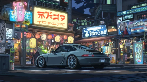 Porsche surrounded by glowing neon signs in a bustling anime night market.