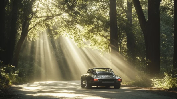Porsche gliding through a forested road with sunlight filtering.