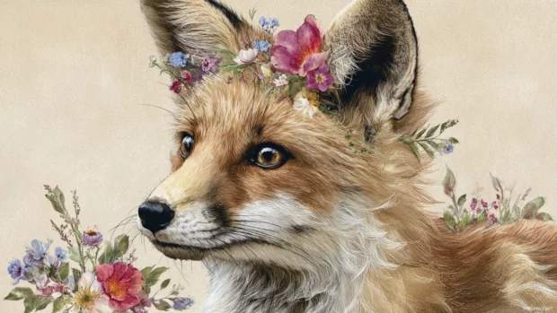 Portrait of a Fox with flowers woven into its fur, watercolor style, springtime palette, soft background, gentle gaze.