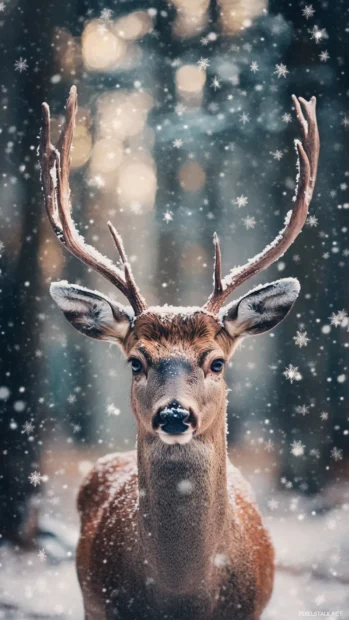Portrait of a cool deer surrounded by falling snowflakes in calm woods.