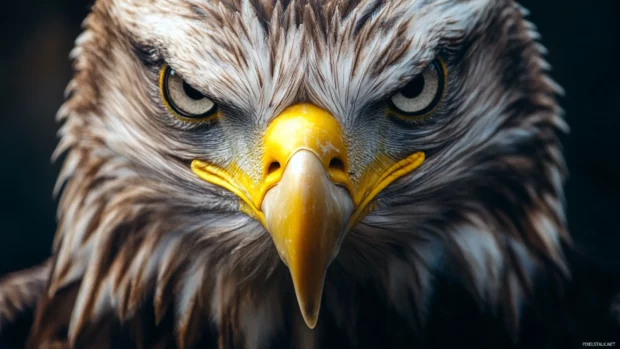 Portrait of an eagle looking directly into the camera with sharp eyes.