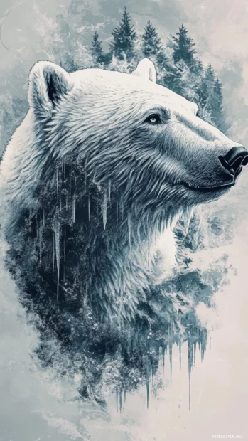 Portrait style image of a Polar Bear head with subtle frost on its fur.