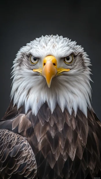 Portrait view of eagle with textured feathers and neutral background.