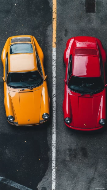 Powerful Porsche mobile wallpaper showing a panoramic view of classic and modern models together.