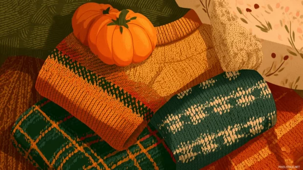 Preppy Fall aesthetic background featuring cozy sweaters, pumpkin patterns, and plaid scarves.