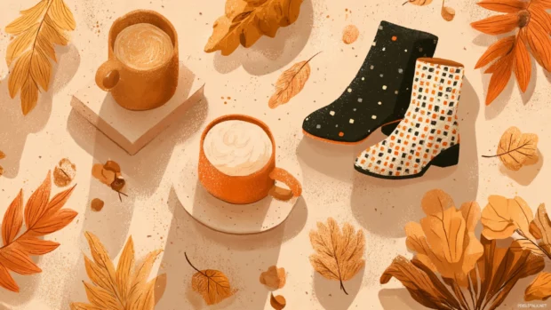 Preppy Fall aesthetic scene with golden leaves, caramel lattes, and patterned boots in a balanced flat layout.