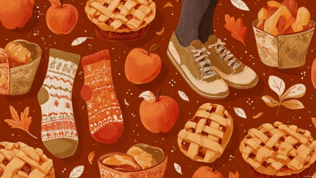 Preppy Fall background with elegant tile patterns of apple pies, warm socks, and falling leaves.