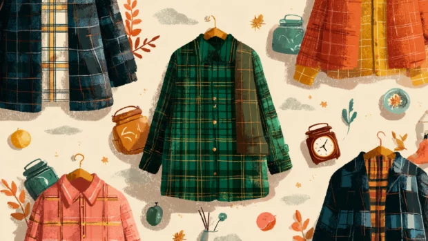 Preppy Fall illustration showcasing layered tartan fabrics and subtle seasonal icons.