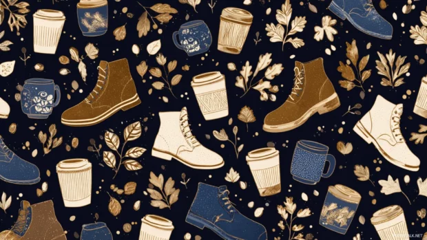 Preppy Fall style with repeating patterns of warm coffee cups, boots, and golden leaves.
