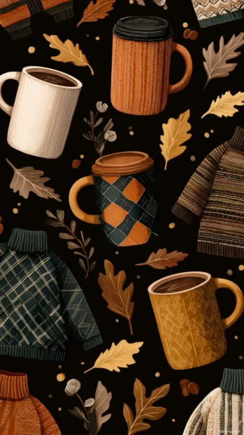 Preppy Fall theme for iPhone with a seamless arrangement of plaid sweaters, golden leaves, and coffee mugs.