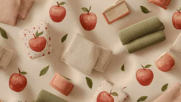 Preppy Fall theme with scattered apples, cozy blankets, and soft beige backgrounds.