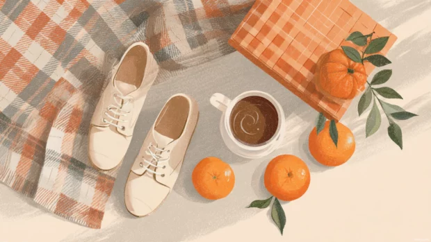 Preppy Fall vibes with soft plaid textures, warm drinks, and tiny orange pumpkins.