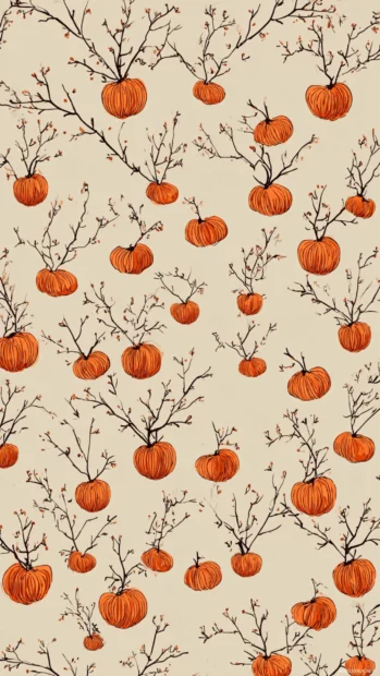 Preppy aesthetic fall wallpaper iPhone format featuring cozy pattern of tiny pumpkins and twigs on light oatmeal backdrop.