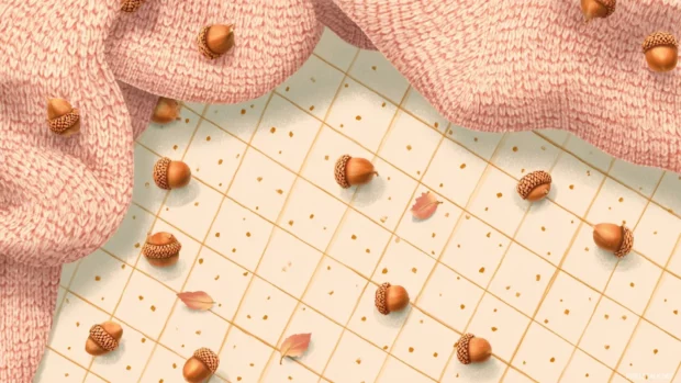 Preppy fall background showing cozy sweater texture with orange acorns scattered across pale pastel grid.