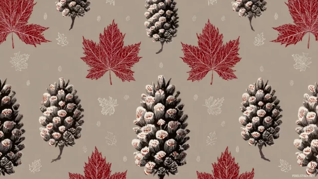 Preppy fall desktop wallpaper displaying symmetrical pine cone and maple leaf pattern on muted taupe backdrop for a refined autumn look.
