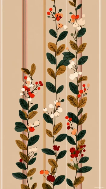 Preppy fall iPhone wallpaper showing vertical row of preppy plaid leaves and berries on soft camel background.