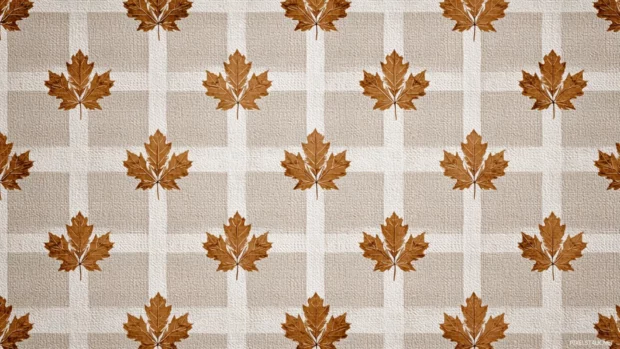 Preppy fall pattern wallpaper depicting repeating gingham leaf motifs in beige and caramel on structured neutral canvas.