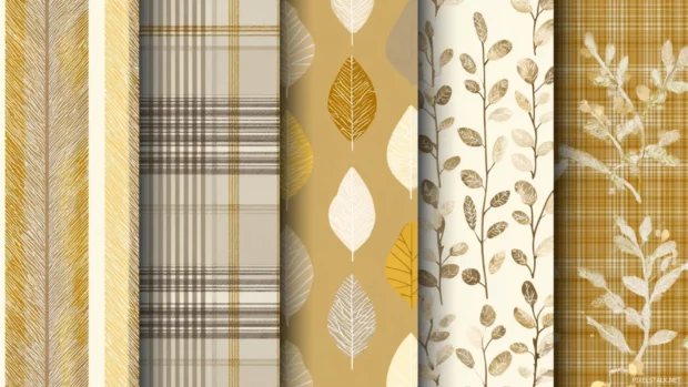 Preppy fall wallpapers with plaid leaf pattern in warm beige and cream hues arranged in repeating vertical tiles.