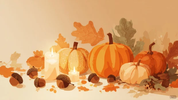 Pumpkin Thanksgiving wallpaper featuring carved pumpkins, acorns and scattered leaves under soft candlelight.