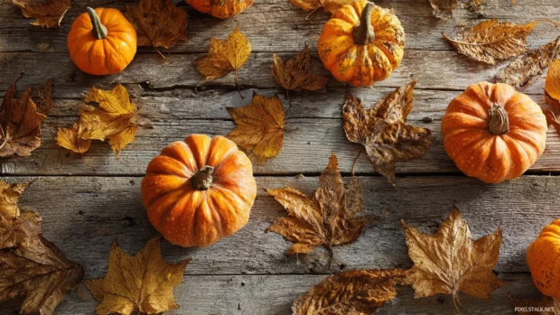 Pumpkin and autumn leaves wallpaper featuring scattered pumpkins and golden leaves on weathered wooden planks.