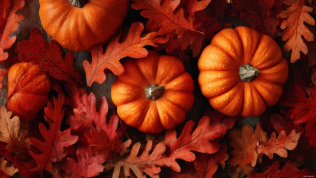 Pumpkin fall foliage wallpaper combining vibrant orange pumpkins and red oak leaves in a decorative flat lay.