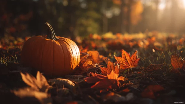 Pumpkin nestled among a bed of crisp fall leaves with soft golden sunlight illuminating the scene.