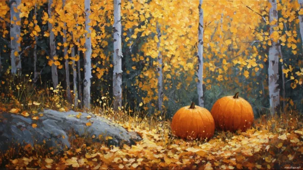 Pumpkins resting at the edge of a peaceful fall forest with golden leaves fluttering in the breeze.