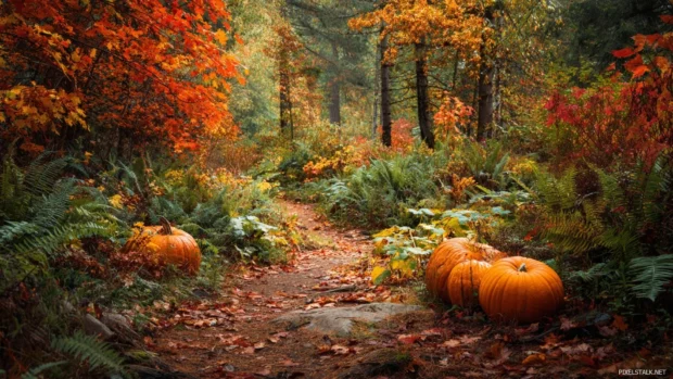 Pumpkins resting on a forest trail during fall, surrounded by rich red, orange, and yellow leaves.