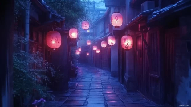 Quiet Japanese alley with paper lanterns glowing softly anime background.