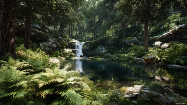 Quiet forest glade with a hidden Waterfall flowing into a calm pond surrounded by ferns.