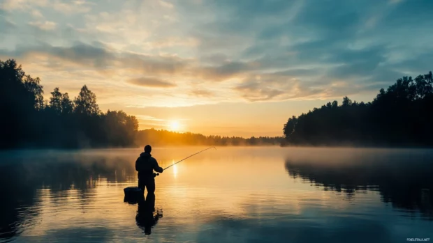 Quiet lake sunrise with a silhouetted angler focused on bass fishing.