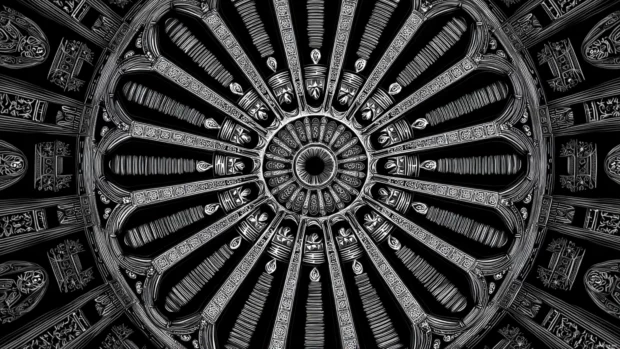 Radial symmetry in a Black and White Geometric mandala made of intricate circular segments.