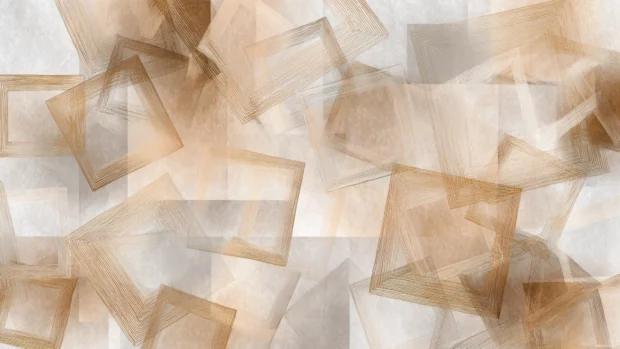 Radiant geometric wallpaper in gold featuring overlapping transparent frames.