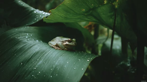 Rain gently falling on a wide leaf while a Frog curls beneath it, cozy mood with soft natural lighting.