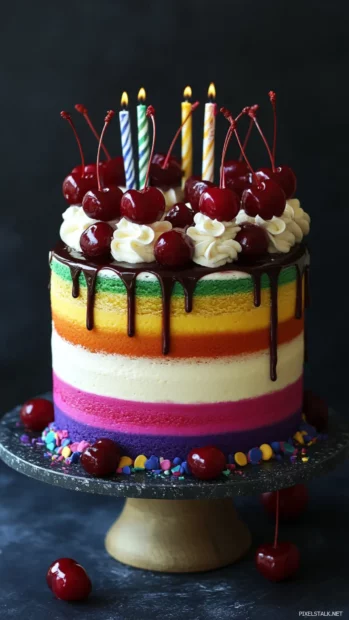 Rainbow birthday cake with layers of vibrant colors, topped with whipped cream.