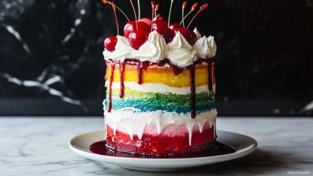 Rainbow birthday cake with layers of vibrant colors, topped with whipped cream and cherries.