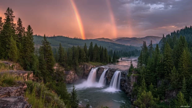 Rainbow waterfall landscape wallpaper capturing panoramic view of layered cascades and rainbows stretching across forested valley at dusk.