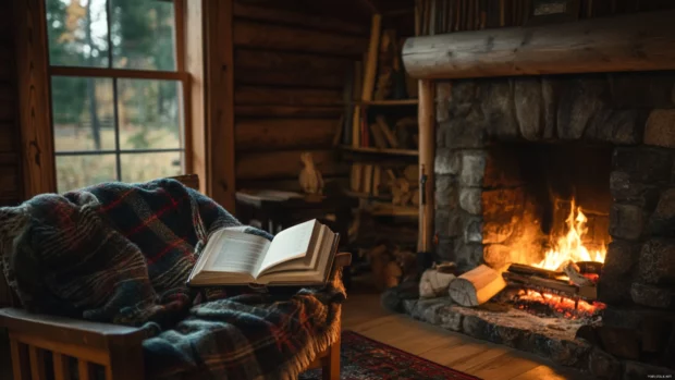 Reading a Book beside a crackling fireplace in a rustic cabin.
