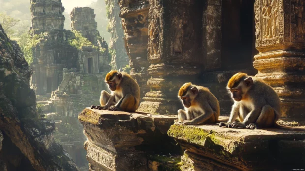 Realistic Monkey Wallpaper featuring monkeys resting on ancient ruins, inspired by wildlife photography.