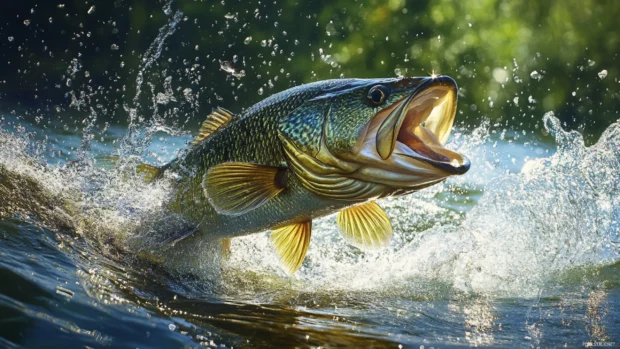 Realistic bass fishing wallpaper with high detail of the fishs scales and water spray during the catch.