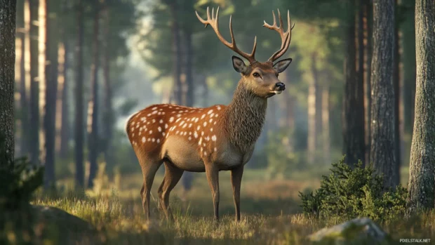Realistic deer wallpaper with high detail in the fur, muscle structure, and woodland surroundings.