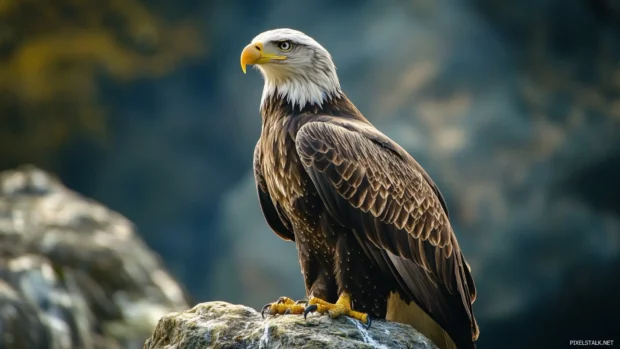 Realistic eagle wallpaper showing detailed feathers and sharp eyes as the bird perches on a rocky cliff.