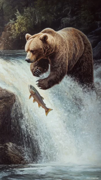 Realistic image of a bear fishing for salmon in a flowing river.