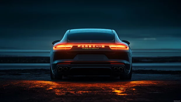 Rear view of a Porsche Panamera at night with glowing taillights as a cinematic 4K wallpaper.