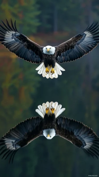 Reflected in a tranquil lake, the Eagle circles overhead.
