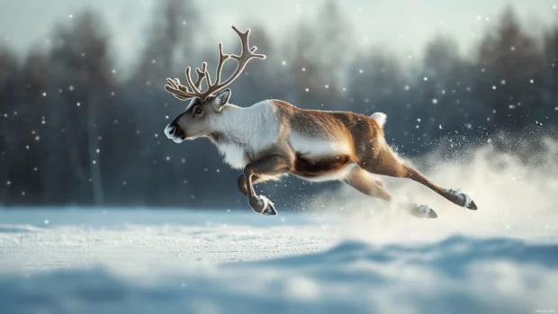Reindeer captured in motion leaping through a snowy field.