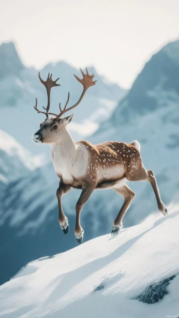 Reindeer captured mid step against a snowy mountain backdrop.