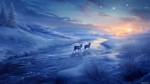 Reindeer crossing a frozen river under a twilight sky.