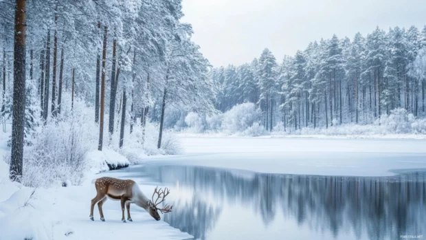 Reindeer grazing near a frozen lake surrounded by snowy trees.