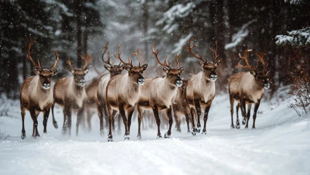 Reindeer herd walking through gentle snowfall in the forest.